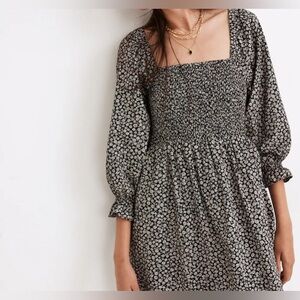 Lucie Elbow-Sleeve Smocked Mini Dress in Parisian Ditsy